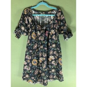 Natural Life Dress Black Floral Size Medium Cotton Above Knee A-Line